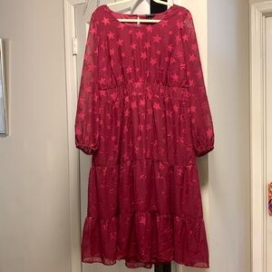 NWT Torrid Size 1 (14/16) Star Print Fuschia Long Sleeve Midi Dress